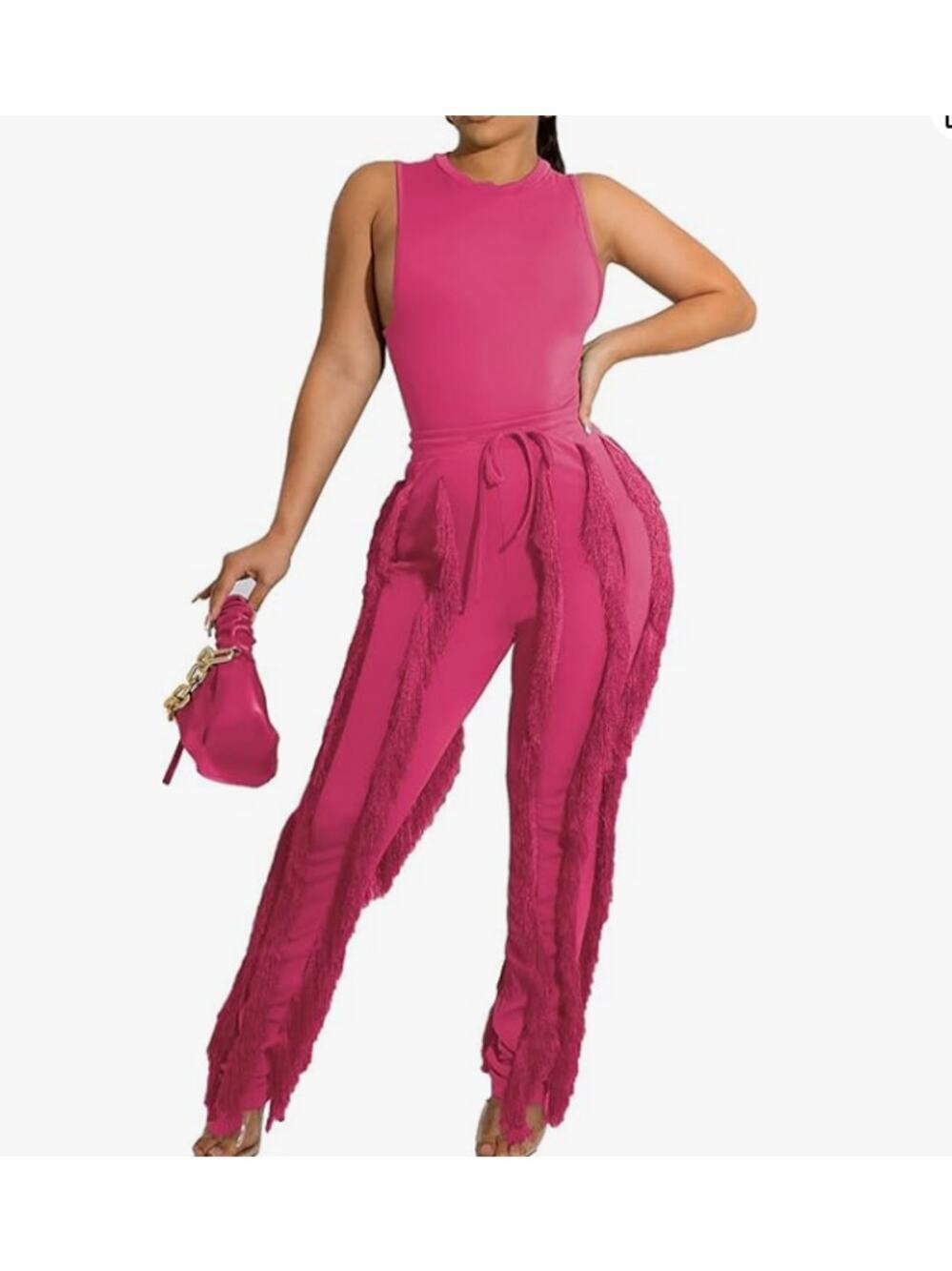Women's Boho Drawstring Waist Long Fringe Tassel Pants Pink Size S